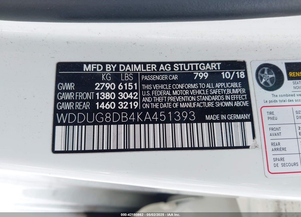 2019 MERCEDES-BENZ S 560 VIN: WDDUG8DB4KA451393