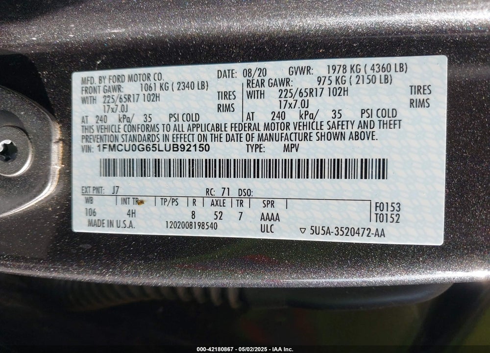 2020 FORD ESCAPE SE VIN: 1FMCU0G65LUB92150