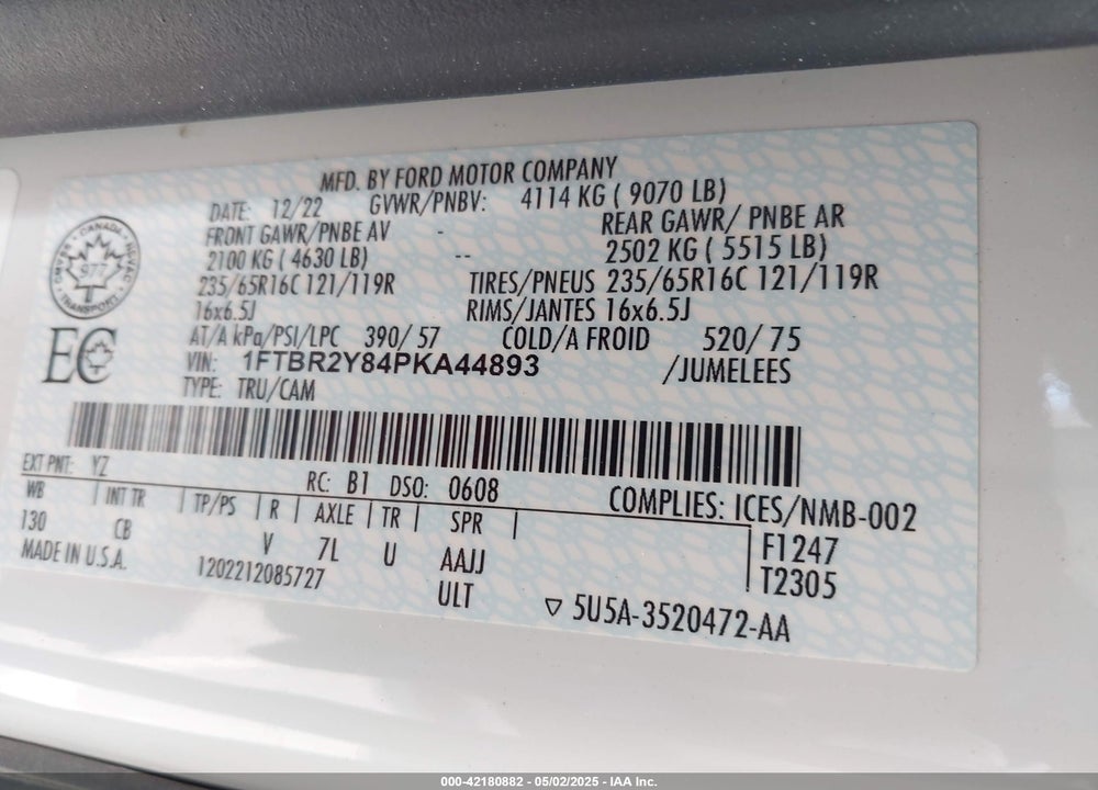 2023 FORD TRANSIT-250 CARGO VIN: 1FTBR2Y84PKA44893