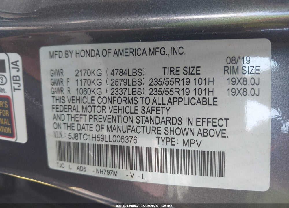 2020 ACURA RDX TECHNOLOGY PACKAGE VIN: 5J8TC1H59LL006376