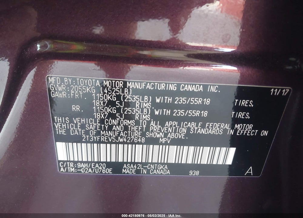 2018 TOYOTA RAV4 LIMITED VIN: 2T3YFREV5JW427648