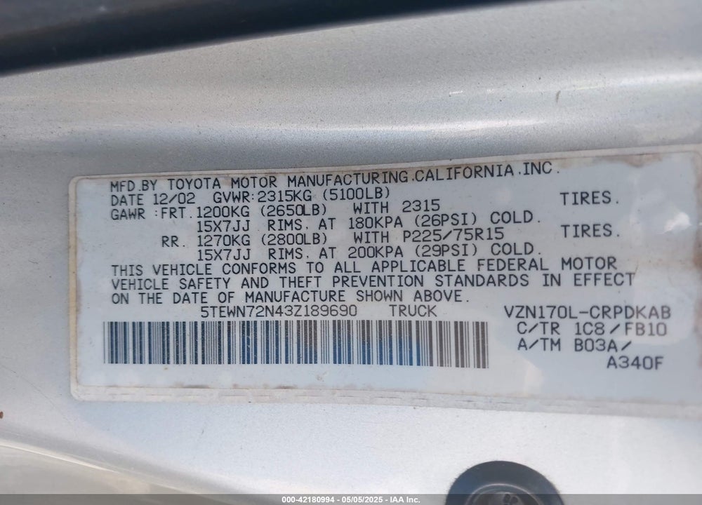 2003 TOYOTA TACOMA VIN: 5TEWN72N43Z189690