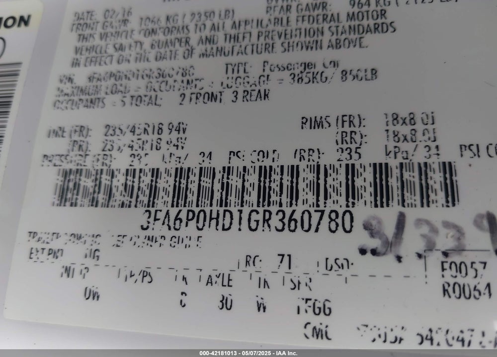 2016 FORD FUSION SE VIN: 3FA6P0HD1GR360780