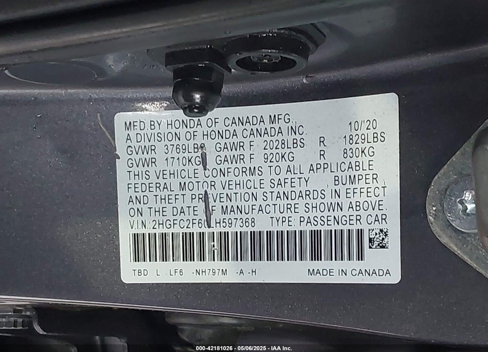 2020 HONDA CIVIC VIN: 2HGFC2F60LH597368