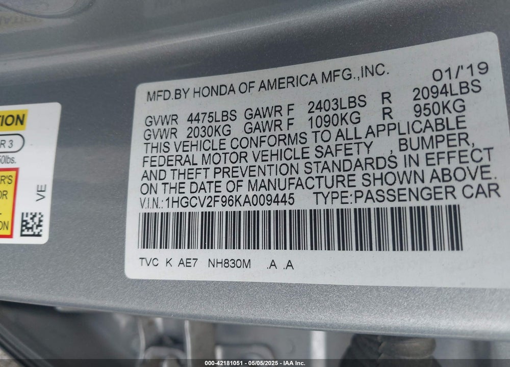 2019 HONDA ACCORD TOURING 2.0T VIN: 1HGCV2F96KA009445