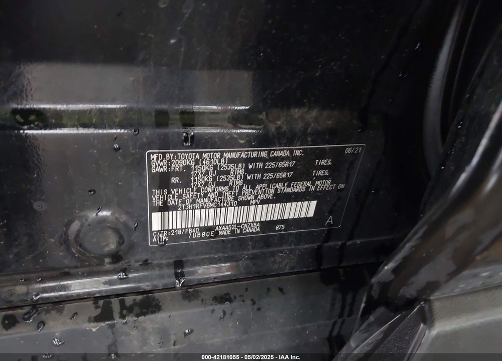 2021 TOYOTA RAV4 VIN: 2T3H1RFV6MC144310