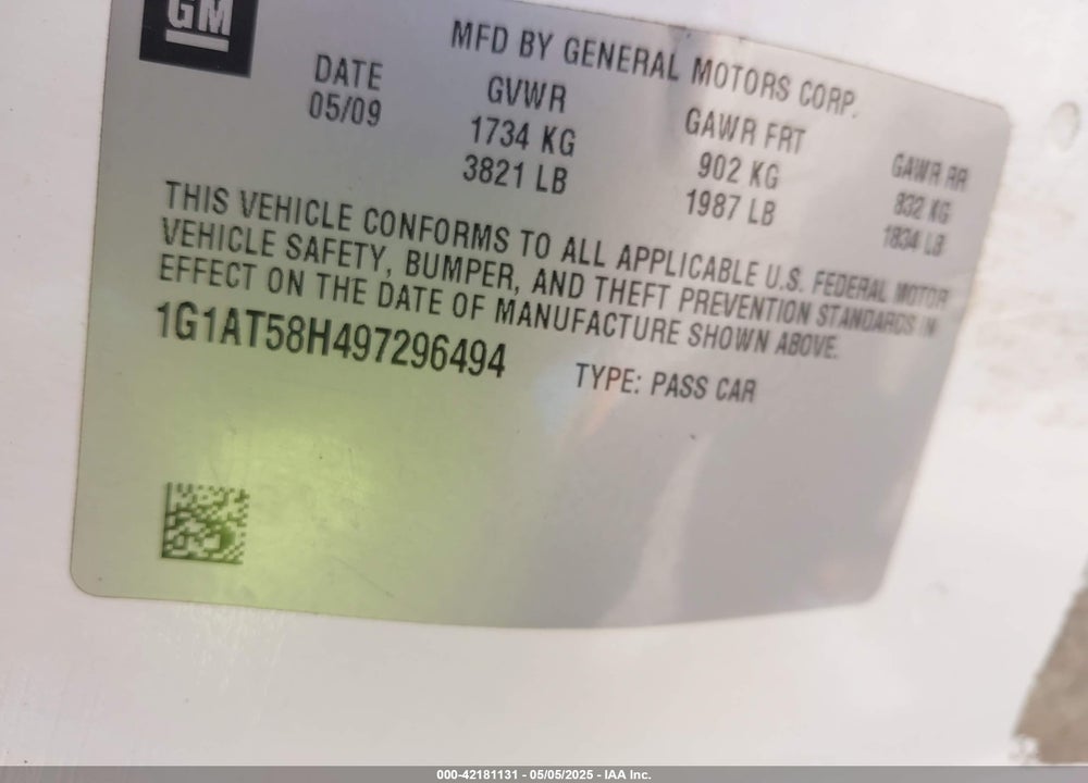 2009 CHEVROLET COBALT LT VIN: 1G1AT58H497296494
