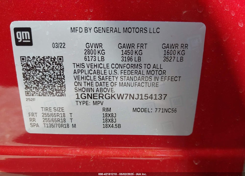 2022 CHEVROLET TRAVERSE VIN: 1GNERGKW7NJ154137