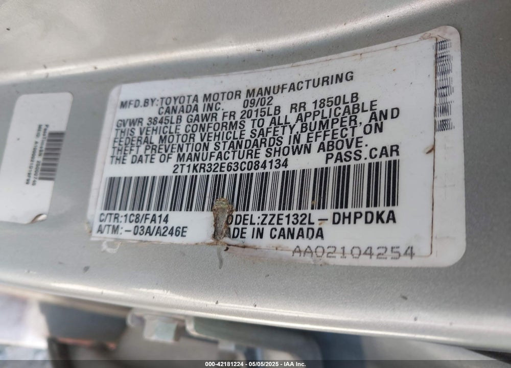 2003 TOYOTA MATRIX STANDARD VIN: 2T1KR32E63C084134