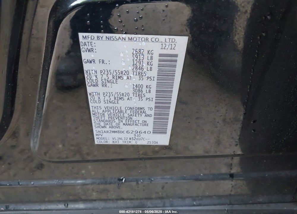 2013 NISSAN PATHFINDER PLATINUM VIN: 5N1AR2MM8DC629640