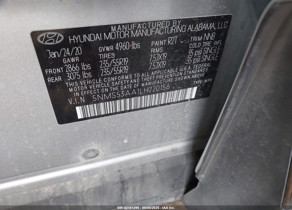 2020 HYUNDAI SANTA FE VIN: 5NMS53AA1LH220156