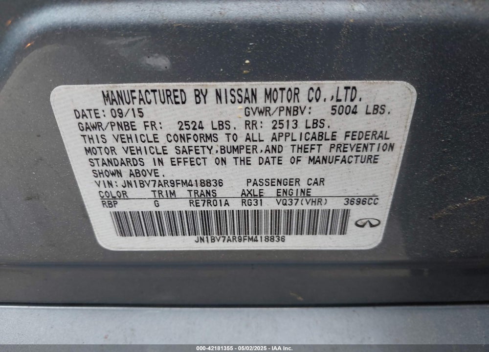 2015 INFINITI Q50 VIN: JN1BV7AR9FM418836
