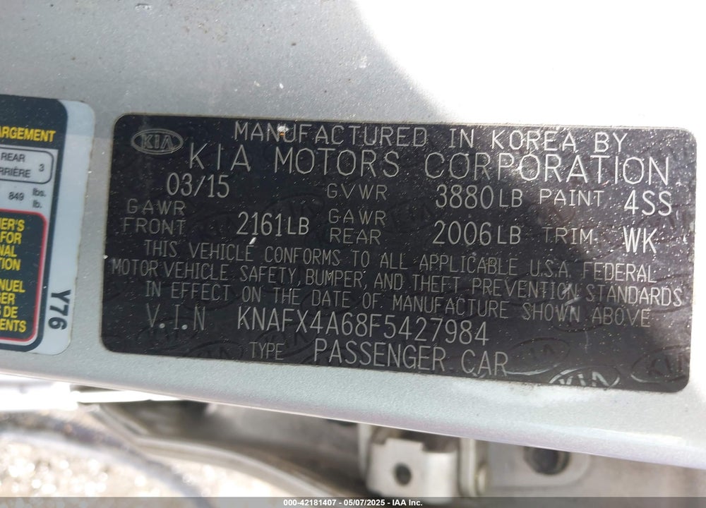 2015 KIA FORTE LX VIN: KNAFX4A68F5427984