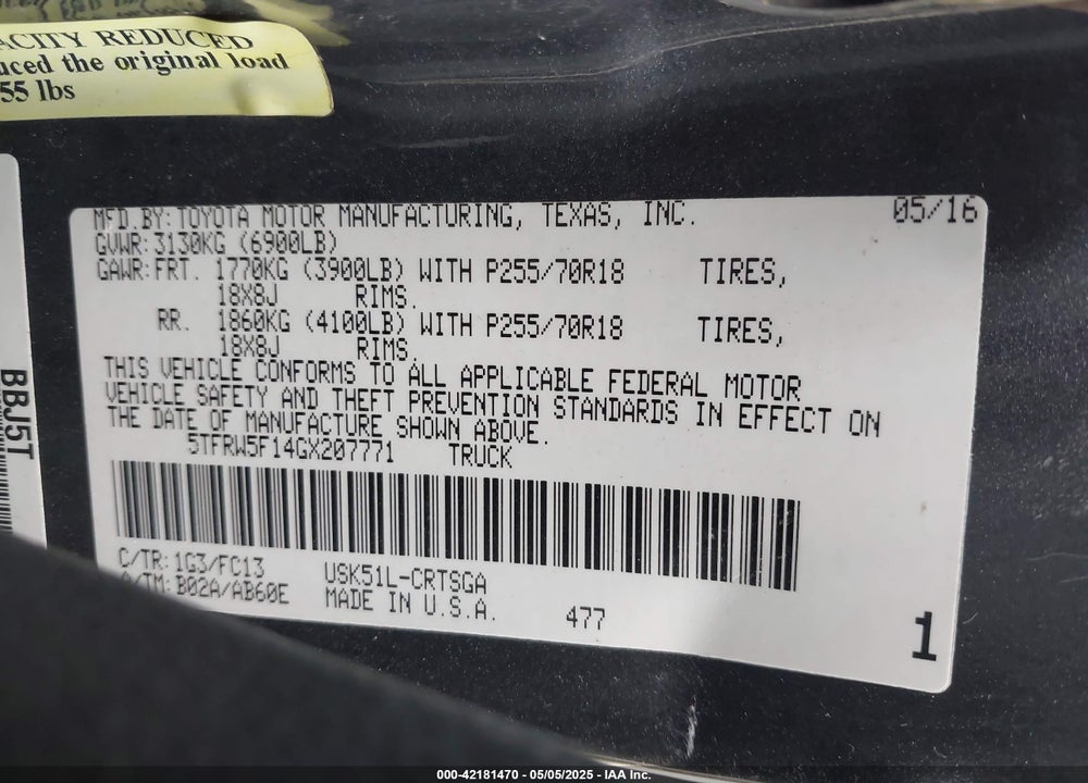 2016 TOYOTA TUNDRA 2WD TRUCK VIN: 5TFRW5F14GX207771