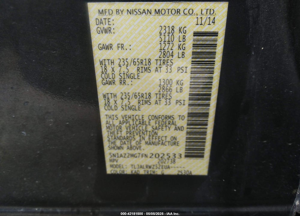 2015 NISSAN MURANO SL VIN: 5N1AZ2MG7FN202533