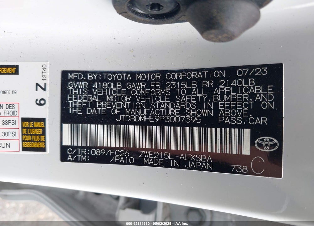 2023 TOYOTA COROLLA VIN: JTDBDMHE9P3007395