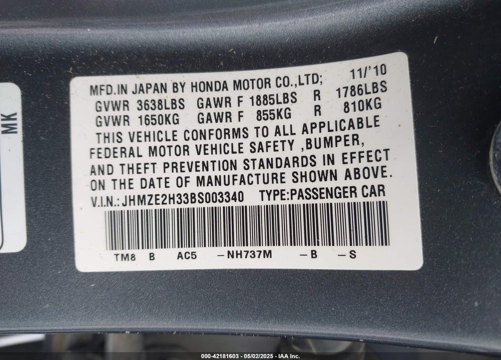 2011 HONDA INSIGHT VIN: JHMZE2H33BS003340