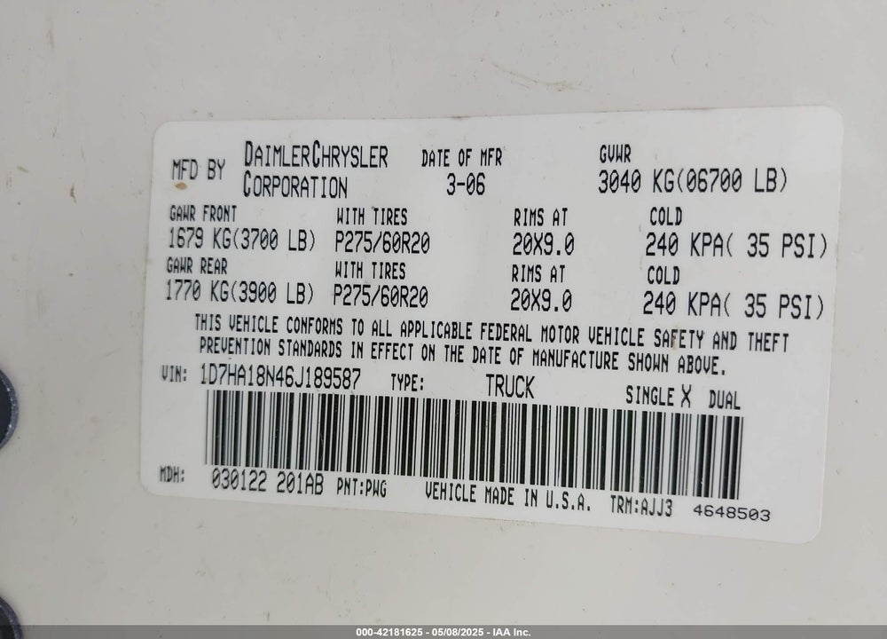 2006 DODGE RAM 1500 SLT VIN: 1D7HA18N46J189587