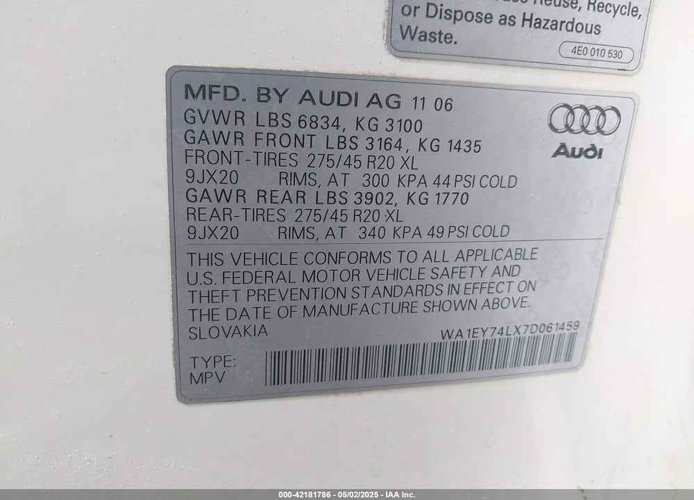 2007 AUDI Q7 3.6 PREMIUM VIN: WA1EY74LX7D061459