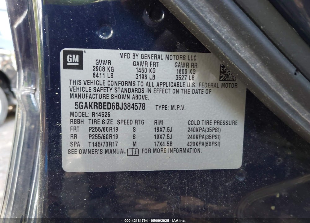 2011 BUICK ENCLAVE VIN: 5GAKRBED6BJ384578