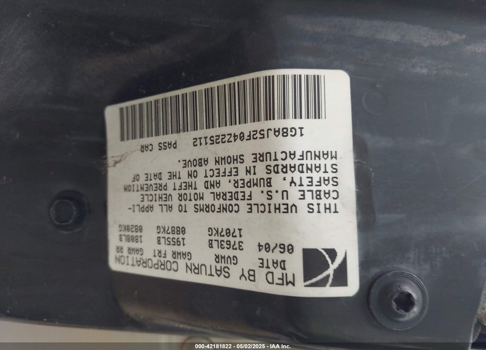2004 SATURN ION 2 VIN: 1G8AJ52F04Z225112
