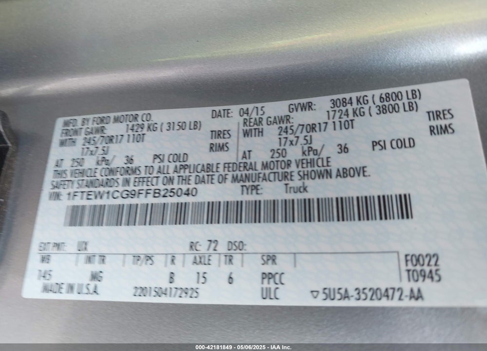 2015 FORD F-150 VIN: 1FTEW1CG9FFB25040