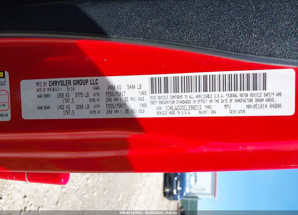 2014 JEEP WRANGLER UNLIMITED SPORT VIN: 1C4BJWDG5EL298213
