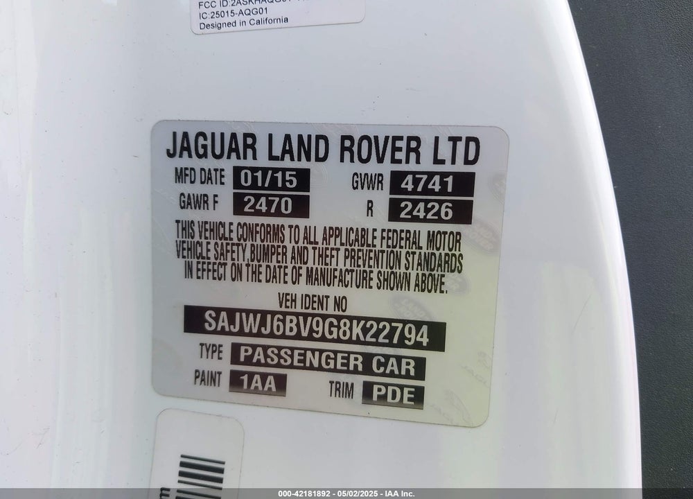 2016 JAGUAR F-TYPE VIN: SAJWJ6BV9G8K22794