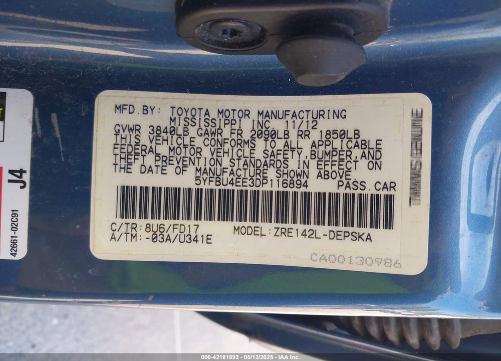 2013 TOYOTA COROLLA S VIN: 5YFBU4EE3DP116894