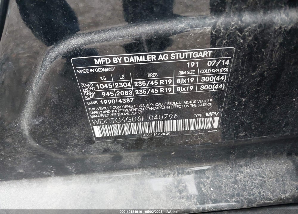 2015 MERCEDES-BENZ GLA 250 4MATIC VIN: WDCTG4GB6FJ040796