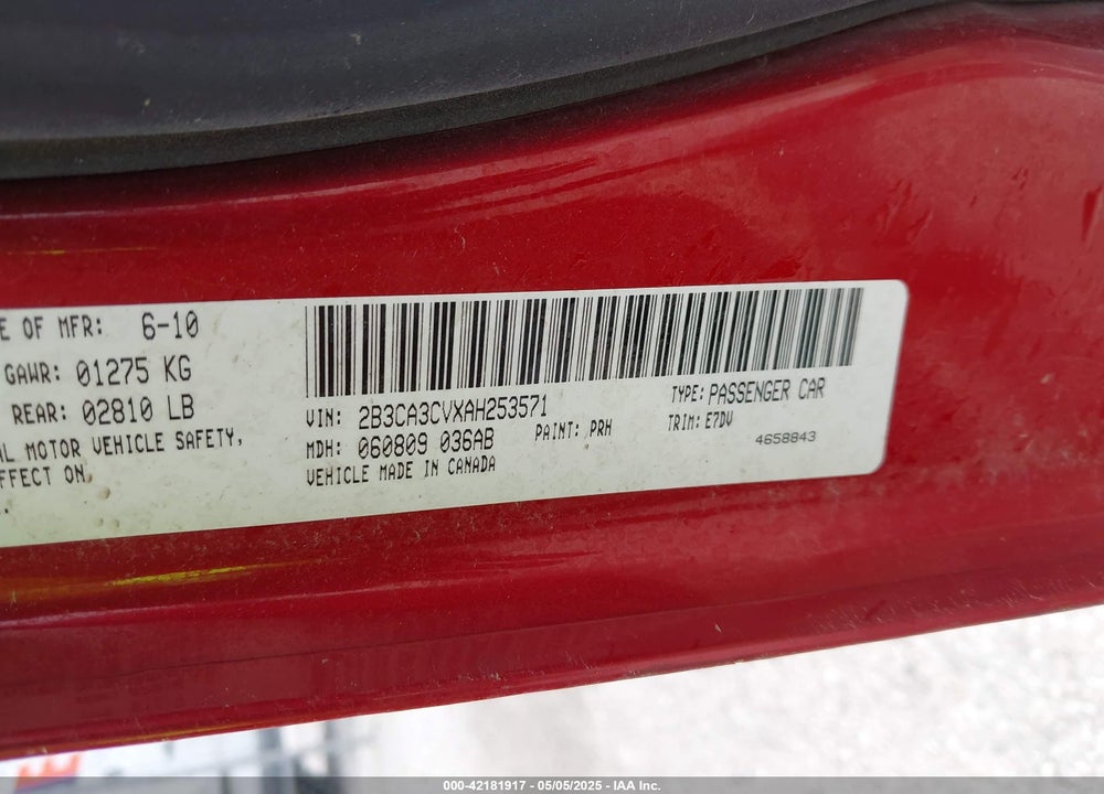 2010 DODGE CHARGER SXT VIN: 2B3CA3CVXAH253571