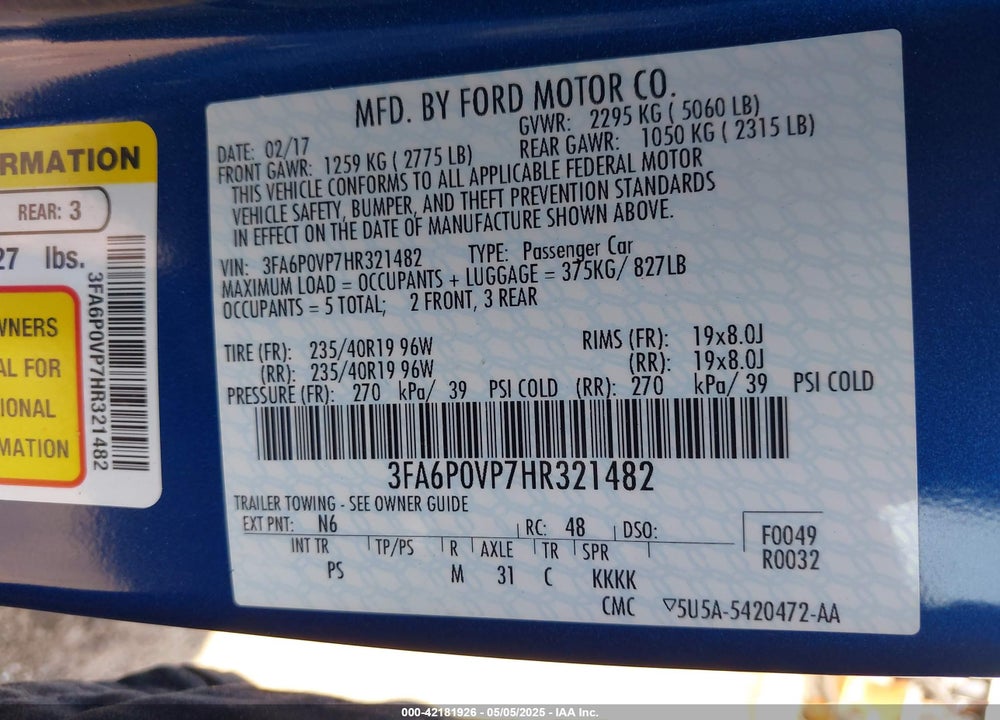 2017 FORD FUSION SPORT VIN: 3FA6P0VP7HR321482