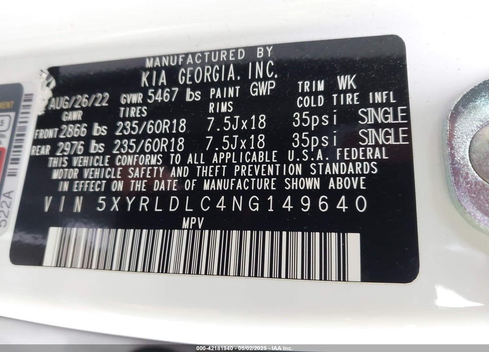 2022 KIA SORENTO VIN: 5XYRLDLC4NG149640