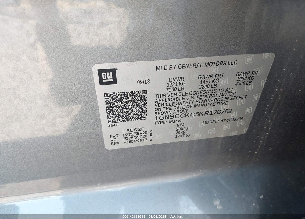 2019 CHEVROLET TAHOE VIN: 1GNSCCKC5KR176752