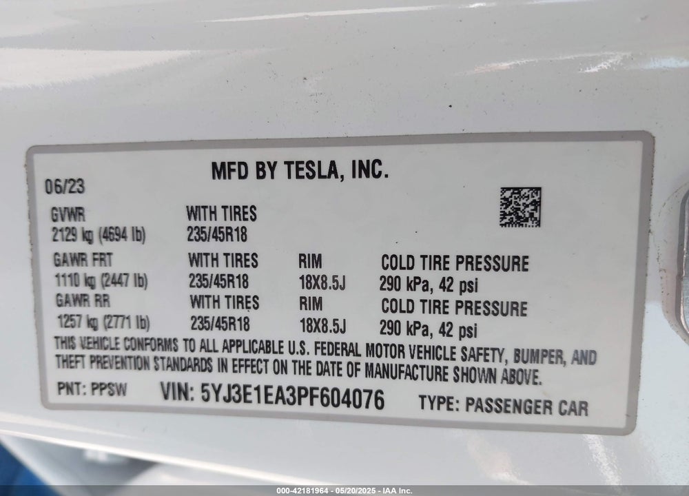 2023 TESLA MODEL 3 REAR-WHEEL DRIVE VIN: 5YJ3E1EA3PF604076
