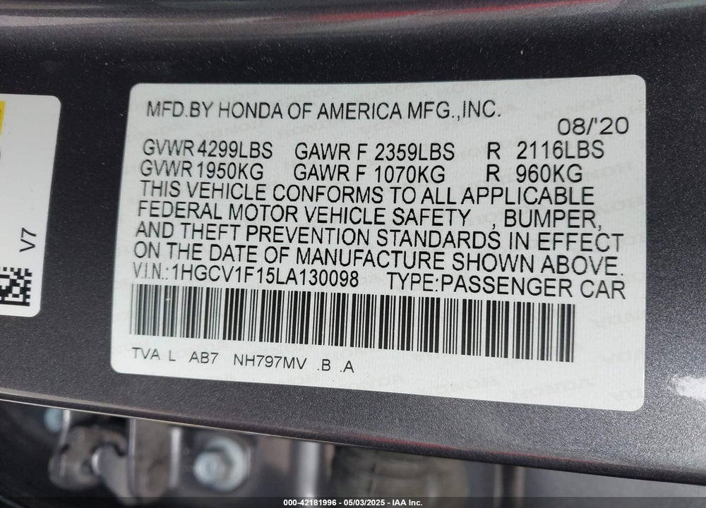 2020 HONDA ACCORD LX VIN: 1HGCV1F15LA130098