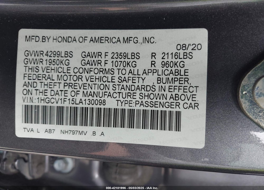 2020 HONDA ACCORD LX VIN: 1HGCV1F15LA130098