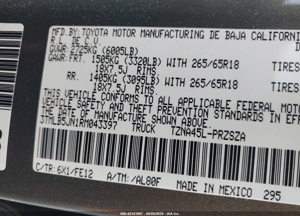 2024 TOYOTA TACOMA DOUBLE CAB/SR5/TRD SPORT/TRD OFF ROAD/LTD VIN: 3TMLB5JN1RM043397