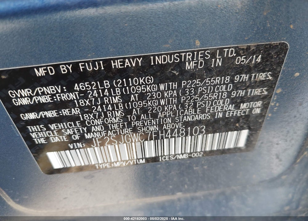 2015 SUBARU FORESTER VIN: JF2SJGWC7FH448103
