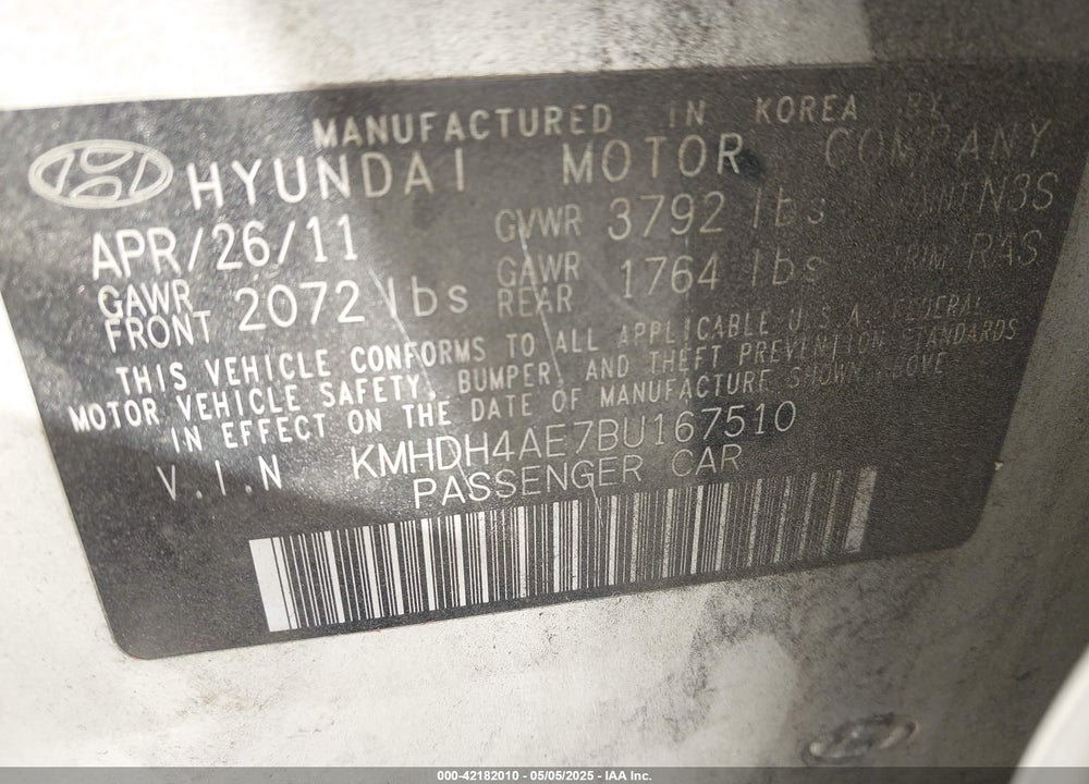 2011 HYUNDAI ELANTRA VIN: KMHDH4AE7BU167510