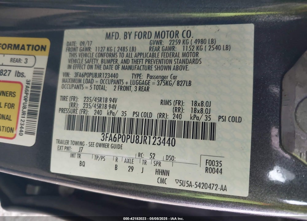 2018 FORD FUSION ENERGI SE LUXURY VIN: 3FA6P0PU8JR123440