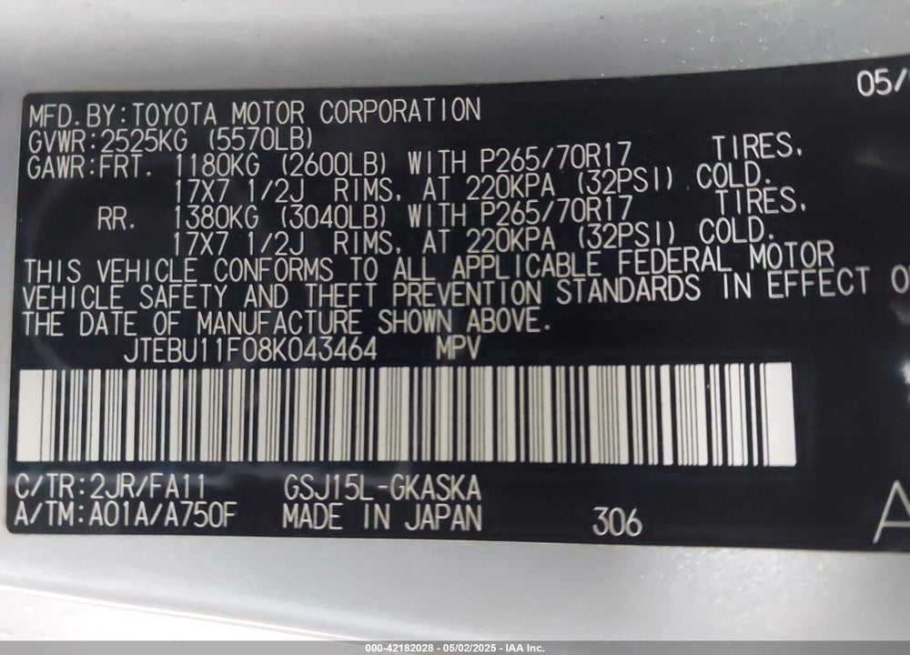 2008 TOYOTA FJ CRUISER VIN: JTEBU11F08K043464