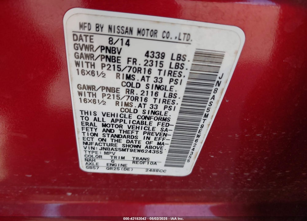 2014 NISSAN ROGUE SELECT S VIN: JN8AS5MT9EW624355