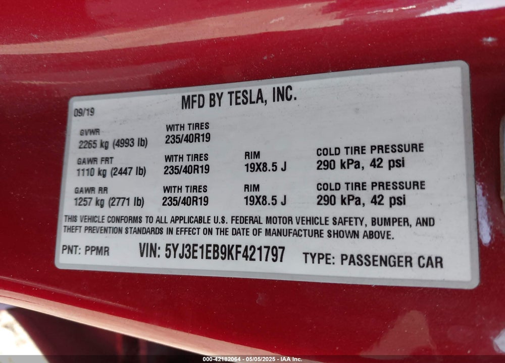 2019 TESLA MODEL 3 LONG RANGE/PERFORMANCE VIN: 5YJ3E1EB9KF421797