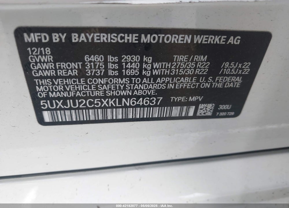 2019 BMW X5 VIN: 5UXJU2C5XKLN64637