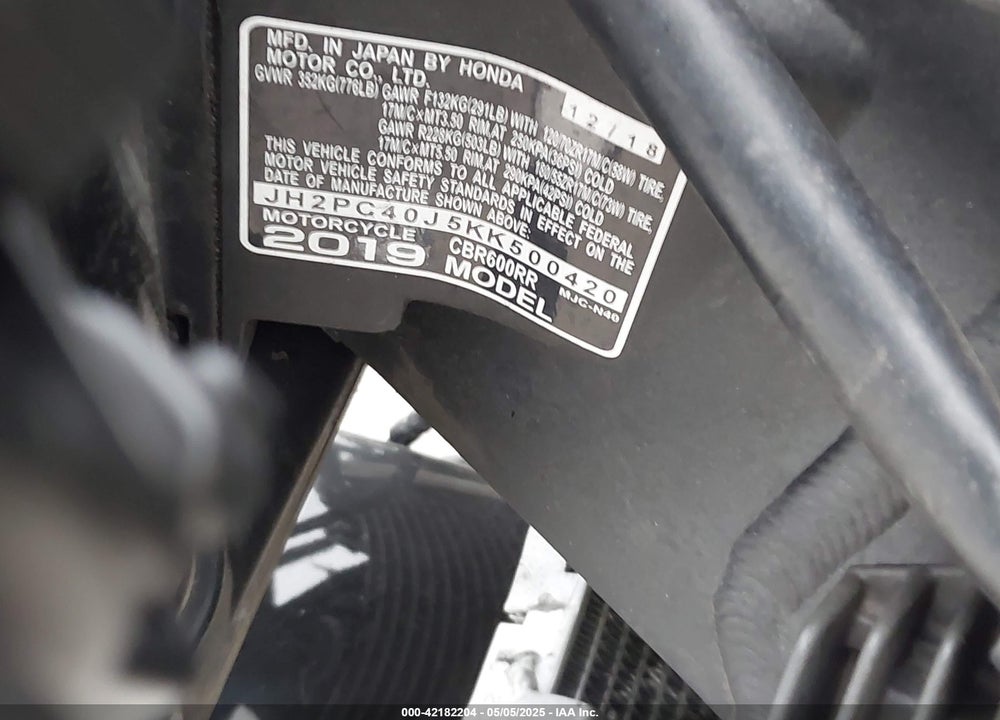 2019 HONDA CBR600 RR VIN: JH2PC40J5KK500420