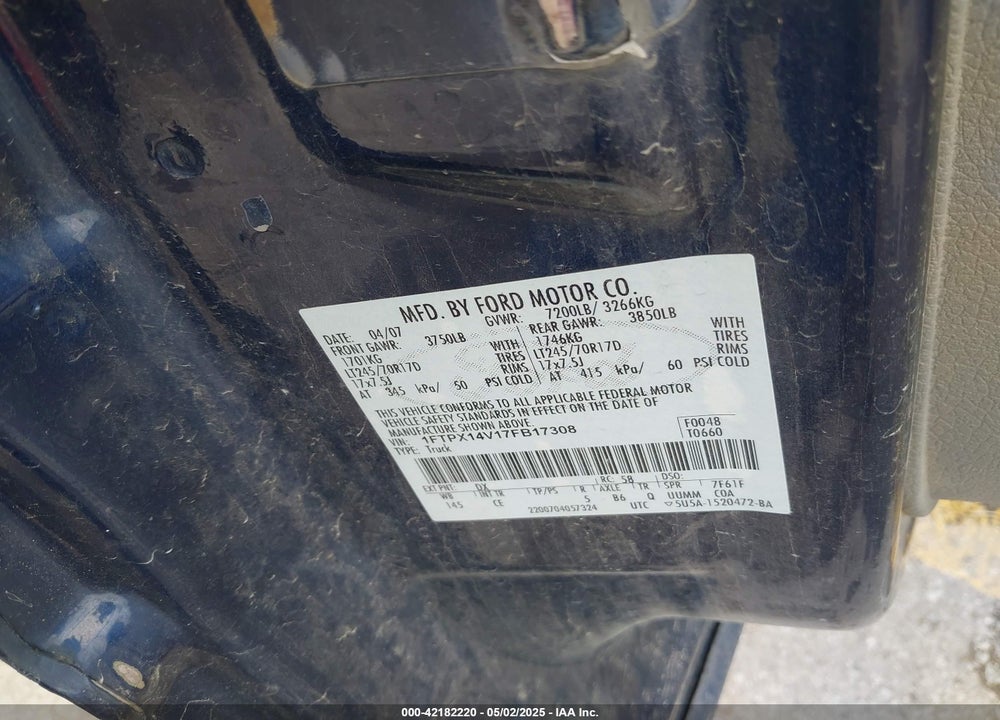 2007 FORD F-150 VIN: 1FTPX14V17FB17308
