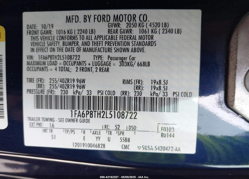 2020 FORD MUSTANG ECOBOOST PREMIUM FASTBACK VIN: 1FA6P8TH2L5108722