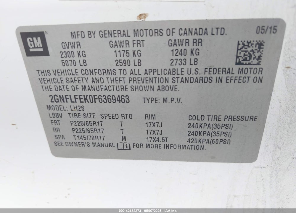 2015 CHEVROLET EQUINOX VIN: 2GNFLFEK0F6369463