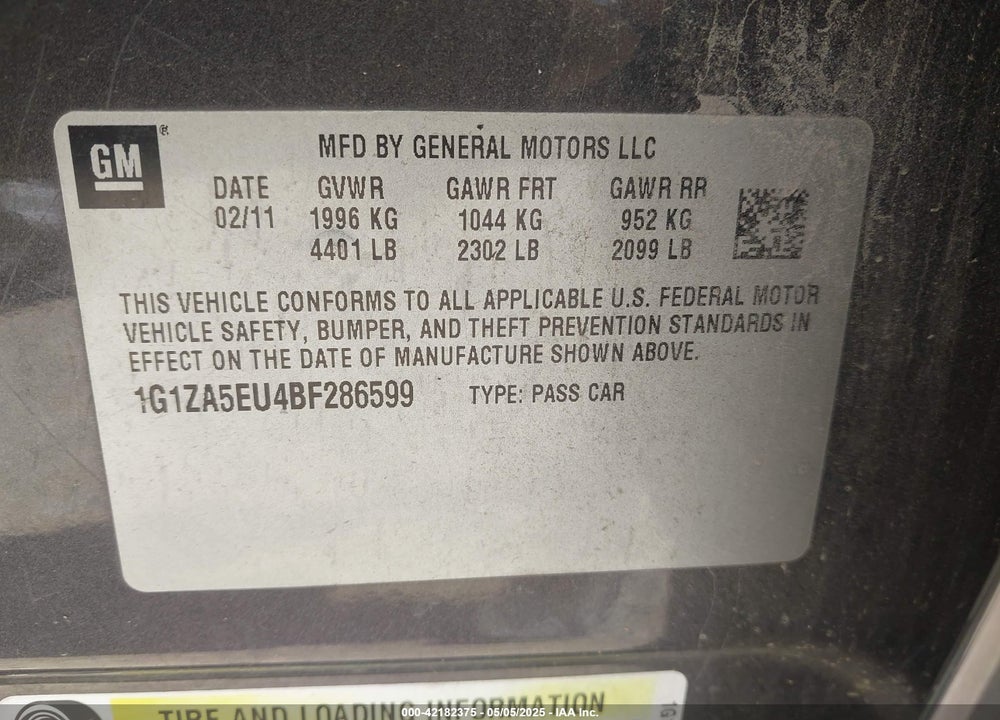 2011 CHEVROLET MALIBU VIN: 1G1ZA5EU4BF286599